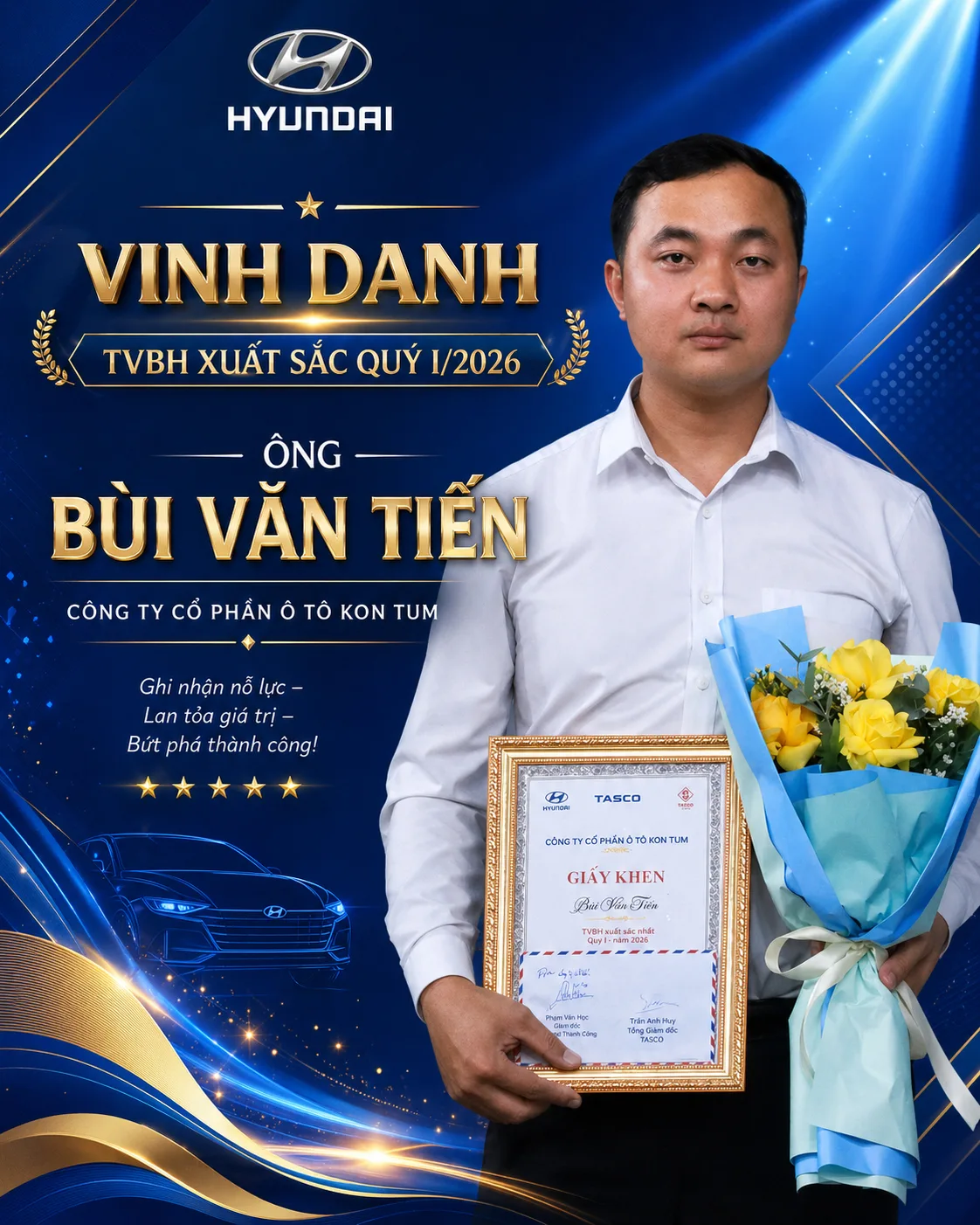 Bùi Văn Tiến được Công ty CP Ô Tô Kon Tum vinh danh TVBH xuất sắc quý I/2026